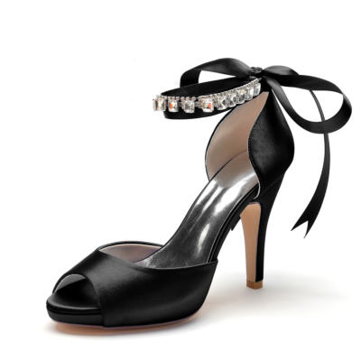 Sandalias de plataforma de tacón de aguja con correa en el tobillo y lazo negro Peep Toe