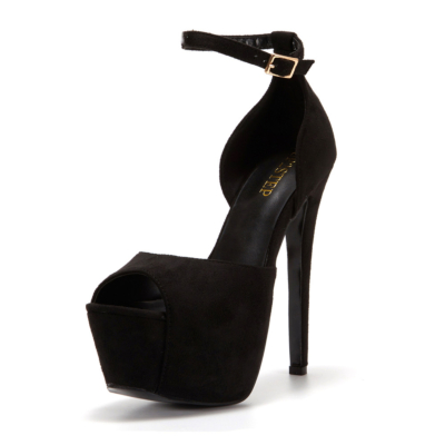 Sandalias de tacón alto con plataforma negra, zapatos de noche con correa en el tobillo y punta abierta