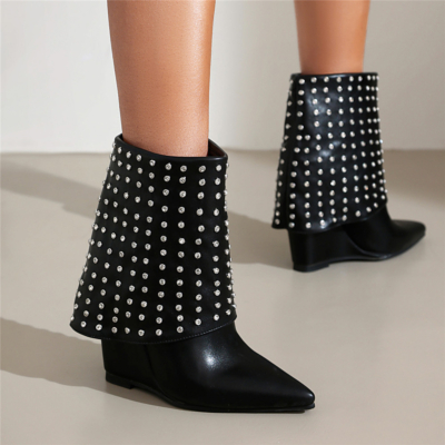 Botas de tobillo con pliegues de diamantes de imitación negros Zapatos de tacón de cuña
