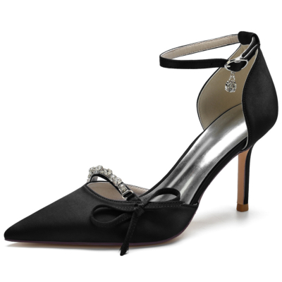 Zapatos de boda de tacón de aguja con punta en pico de diamantes de imitación con correa de tobillo de satén negro