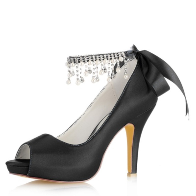 Zapatos de boda de punta abierta de satén negro Bombas de plataforma de tacón de aguja con correa de tobillo