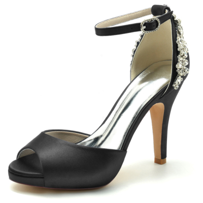 Zapatos de boda con punta abierta de satén negro Sandalias de plataforma con tacón de aguja y correa en el tobillo