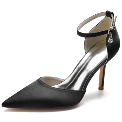 Zapatos de boda de tacón de aguja con correa en el tobillo y punta estrecha de satén negro