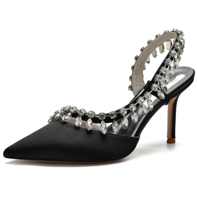 Zapatos de novia de tacón de aguja con punta puntiaguda y diamantes de imitación de satén negro