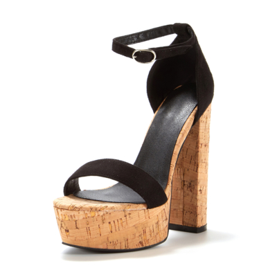 Sandalias de plataforma de madera de gamuza negra Tacones Sandalias con correa en el tobillo Tacones gruesos