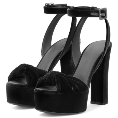 Sandalias de plataforma con tacones de bloque alto anudados de terciopelo negro Zapatos de boda con correa en el tobillo
