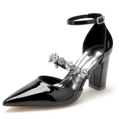 Zapatos de salón D'orsay de boda con correa en el tobillo y tacón en bloque negros con correa enjoyada