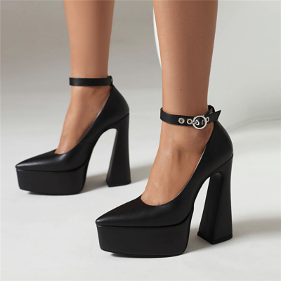 Zapatos de tacón de bloque negros con plataforma y correa en el tobillo Zapatos de vestir de tacón alto