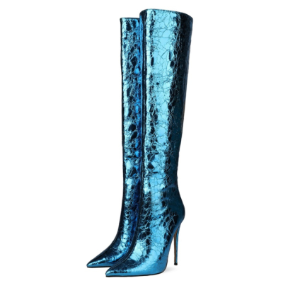 Blue Mirror Boots Botas por encima de la rodilla de tacón alto con cremallera trasera