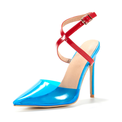 Tacones de vestir cruzados transparentes azules y rojos Zapatos de tacón D'orsay con punta en punta