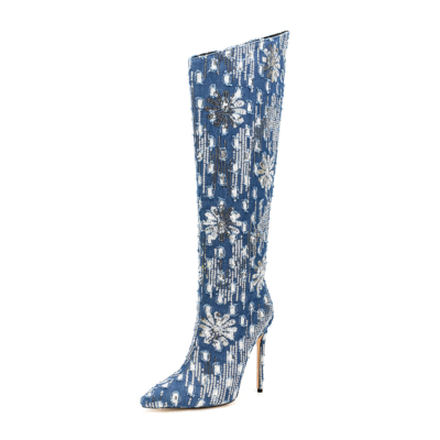 Botas de mezclilla con flores de lentejuelas retro azul Botas altas hasta la rodilla con tacón de aguja