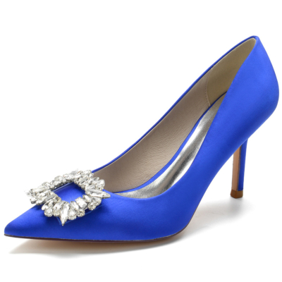 Zapatos de boda de satén azul Bombas de tacón de aguja con punta estrecha