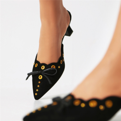 Zapatos tipo mulas con lazo negro, zapatos tipo pantuflas con tacón de carrete y abertura