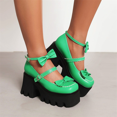 Plataforma con lazo verde Zapatos Mary Jane Tacones gruesos Bombas con hebilla de tres correas