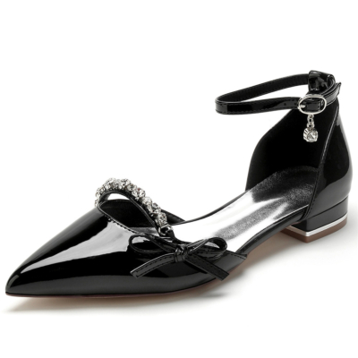Zapatos planos negros con lazo de diamantes de imitación D'orsay, zapatos de vestir con correa en el tobillo