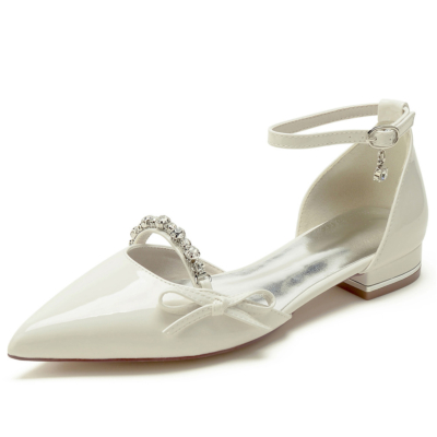 Zapatos planos de pedrería D'orsay con lazo beige Zapatos de tacón de vestir con correa en el tobillo