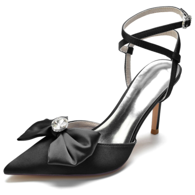 Zapatos de punta cerrada con tacón de aguja de satén de tacón alto con lazo negro