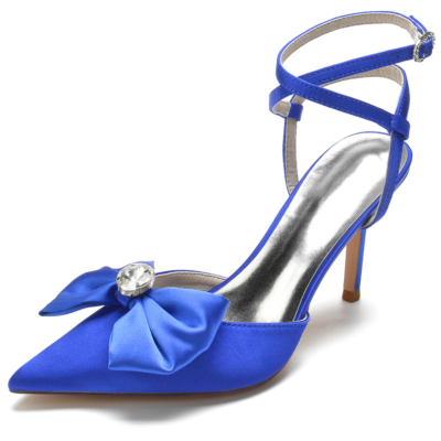 Royal Blue Bow Slingback Tacones Satin Stiletto Tacón alto Zapatos de punta cerrada