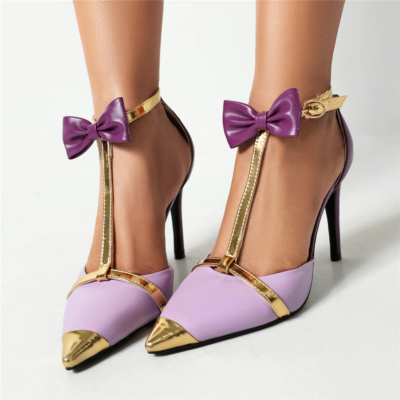 Lazo morado Tacones de aguja Correa en T D'orsay Zapatos de tacón con bloques de color Zapatos de baile