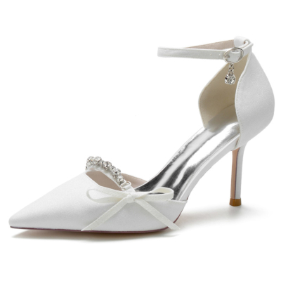 Zapatos de tacón de aguja con lentejuelas y lazo de diamantes de imitación en blanco para novia con purpurina D'orsay