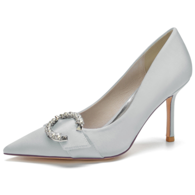 Zapatos de tacón de aguja con hebilla de diamantes de imitación para novia gris, zapatos de satén