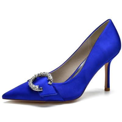 Royal Blue Bridal Rhinestone Hebilla Bombas Tacones de aguja Zapatos de satén