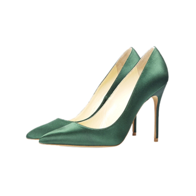 Zapatos de corte de satén de novia verde oscuro 4 pulgadas Stilettos Slip-On Bombas de tacón alto