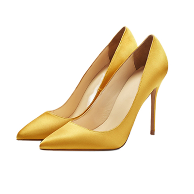 Zapatos de corte de satén de novia amarillos 4 pulgadas Stilettos Slip-On Bombas de tacón alto