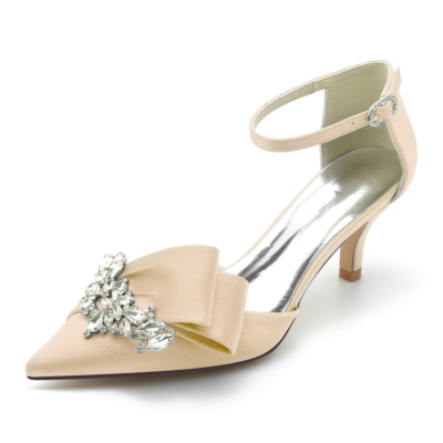 Zapatos de salón con correa en el tobillo y tacón de gatito con diamantes de imitación de satén para novia color champán