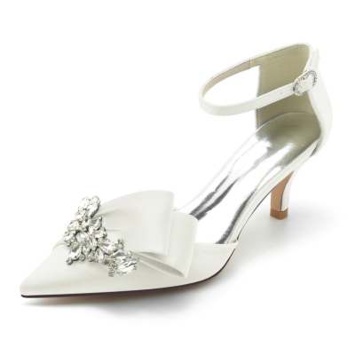 Zapatos de salón con correa en el tobillo y tacón de gatito con diamantes de imitación de satén para novia de color marfil