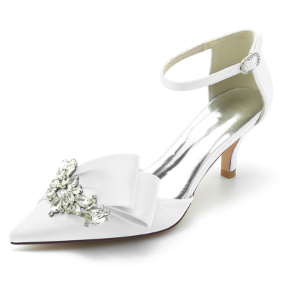 Zapatos de tacón de gatito con diamantes de imitación de satén blanco para novia con correa en el tobillo