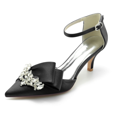 Zapatos de tacón de gatito con diamantes de imitación de satén negro para novia con correa en el tobillo