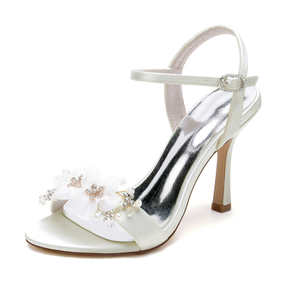 Ivory Bride's Lace Flowers Stiletto Heels Slingback Wedding Sandals