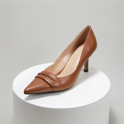 Zapatos de tacón de aguja de madera con punta puntiaguda de cuero vintage marrón 2022 Zapatos