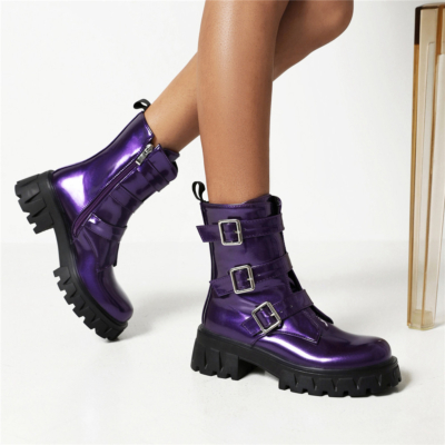 Botas de tobillo con hebilla de charol púrpura Botas de combate góticas de tacón grueso para mujer