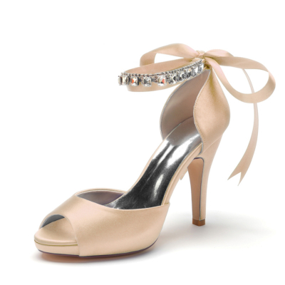 Champagne Peep Toe Bow Zapatos de boda Correa de tobillo Sandalias de plataforma de tacón de aguja
