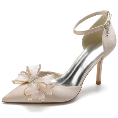 Zapatos de boda de satén color champán, zapatos de tacón de aguja con punta estrecha y correa en el tobillo con lazo