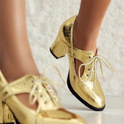 Zapatos de mujer con cordones y tacón grueso con estampado de serpiente dorada