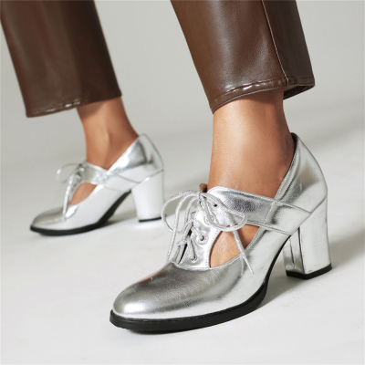 Zapatos de tacón grueso plateados con cordones para mujer
