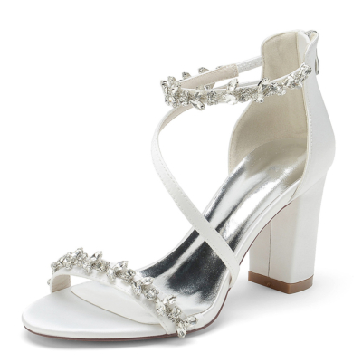Sandalias de satén con tiras cruzadas y diamantes de imitación de tacón grueso blanco, sandalias de fiesta, zapatos