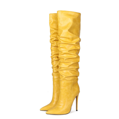 Botas de baile por encima de la rodilla con tacón de aguja clásico amarillo para mujer