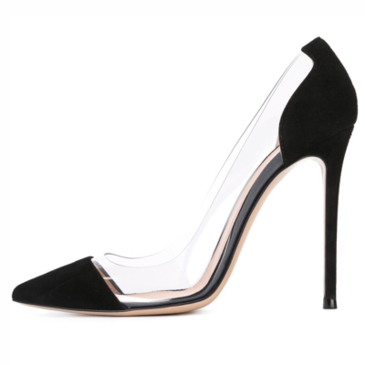 Zapatos de salón con punta en punta transparente de gamuza negra y PVC Stilettos Tacones altos para mujer de 4
