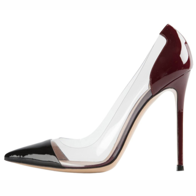 Zapatos de tacón de aguja de PVC transparente de PU con punta negra para mujer, tacones altos de corte de 10cm