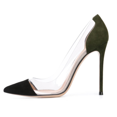 Zapatos de tacón de aguja de PVC transparente con punta en punta negra para mujer, tacones altos de 4 pulgadas