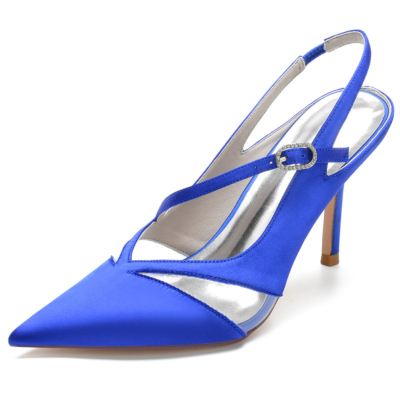 Royal Blue Clear Satin Slingbacks Heels Zapatos de novia con correa cruzada y punta cerrada