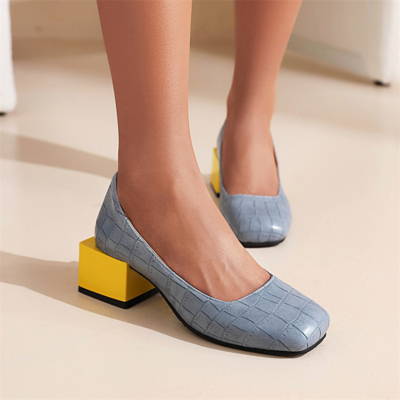 Zapatos de tacón de bloque bajo cómodos grises y amarillos Zapatos de punta cuadrada con efecto Snkae