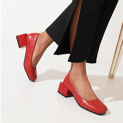 Zapatos de tacón de bloque bajo cómodos rojos Zapatos de punta cuadrada con efecto Snkae