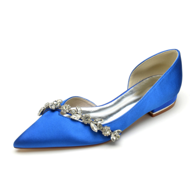 Royal Blue Comfy Satin Flats Cut Out D'orsay Zapatos planos con pedrería
