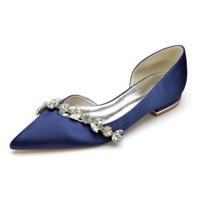 Zapatos planos de satén cómodos azul marino recortados D'orsay zapatos planos con pedrería