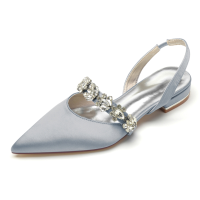 Zapatos planos con pedrería de satén gris con punta estrecha y talón abierto